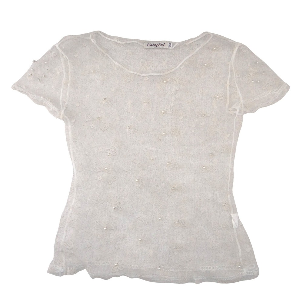 Colorful White Sheer Lace‎ Mesh Bow Pearl Top Short Sleeve Scoop Neck Womens S/M